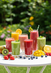 Assorted fruit smoothies with fresh fruit, perfect for a healthy, refreshing treat.