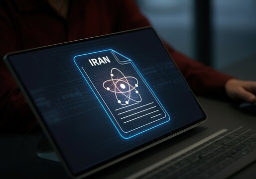 Digital illustration of a Iran nuclear document on laptop screen - Powered by Adobe