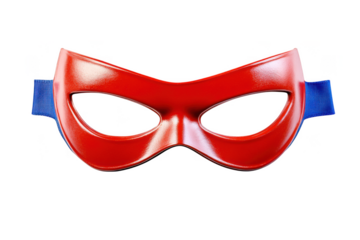 Shiny red superhero mask with blue straps for costume play isolated on transparent background