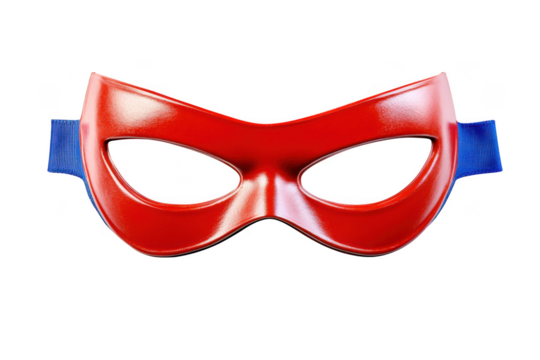 Shiny red superhero mask with blue straps for costume play isolated on transparent background