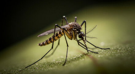 Detailed macro shot of a mosquito resting on a textured green leaf, highlighting its structure