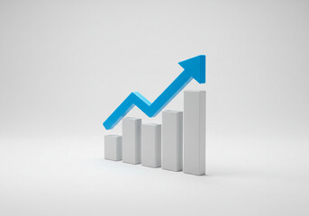 An upward trending bar graph with a blue arrow depicting business growth and financial success.