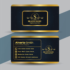 Naklejka premium Vector art of modern and elegant dark business card template with golden details