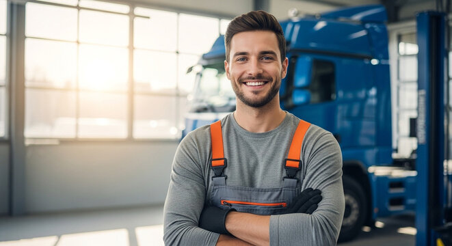 The mechanic smiles confidently in his garage, ready to provide excellent service. - Powered by Adobe