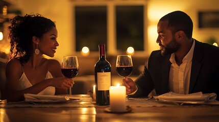 Stylish african american couple sharing red wine at candlelit dinner. Sophisticated mood with warm tones and fine wine bottle. Intimacy and celebration. National Drink Wine Day