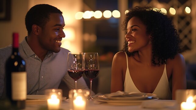 Handsome african couple enjoying red wine by candlelight. Elegant dining setup with soft lights and joyful expressions. Romantic moment. National Drink Wine Day concept