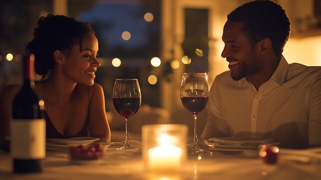 Romantic dinner with wine glasses, candlelight and smiling black couple. Intimate evening atmosphere with warm lighting and soft bokeh. National Drink Wine Day celebration - Powered by Adobe