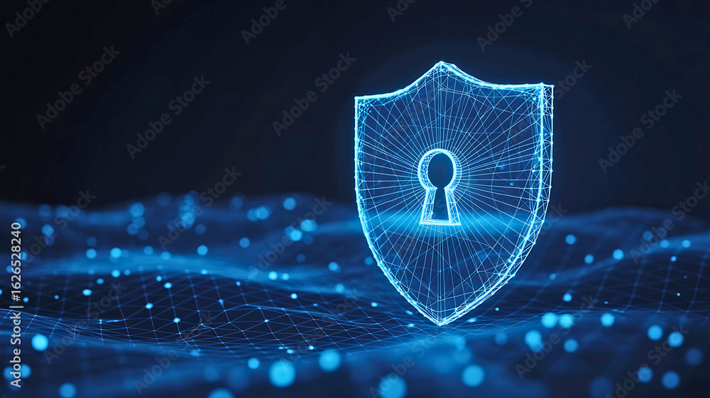 Aufkleber futuristic cybersecurity concept featuring a glowing blue shield with a keyhole. digital data protec