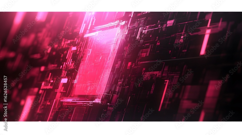 Poster abstract digital circuit design with glowing red elements.