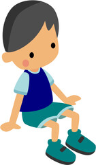 Cartoon boy sitting on ground wearing shorts and sneakers  , vetor