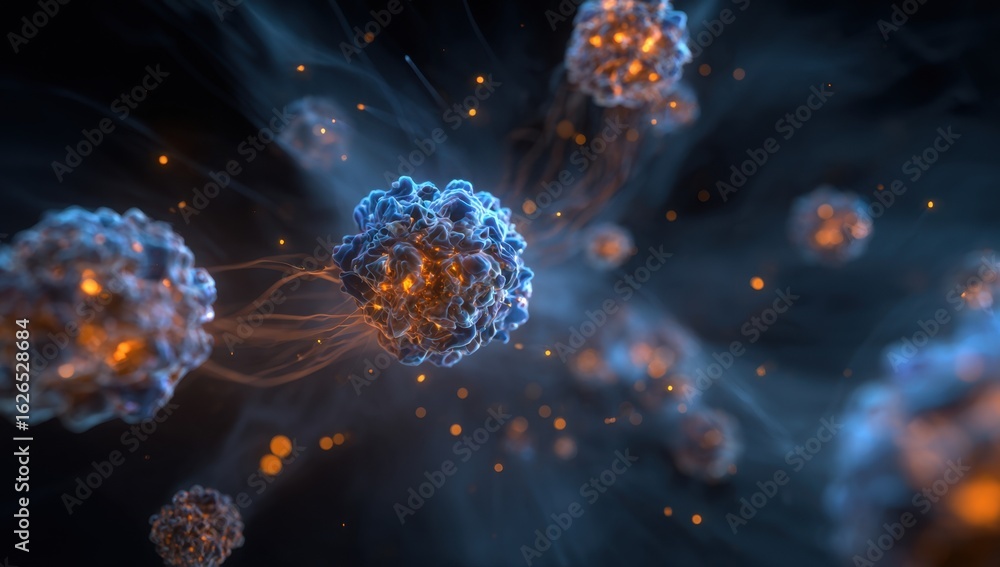 Poster abstract microscopic organisms float in a dark fluid, radiating an inner glow and connected by delic