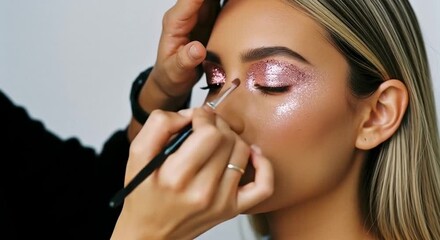 Applying pink glitter eyeshadow on a woman with a makeup brush in a beauty studio setting - Powered by Adobe