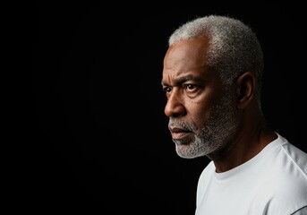 Thoughtful elderly Black man with gray hair in white shirt on black background