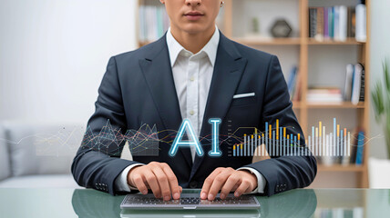 Businessman using a futuristic holographic AI interface for data analysis and business intelligence in a modern office.