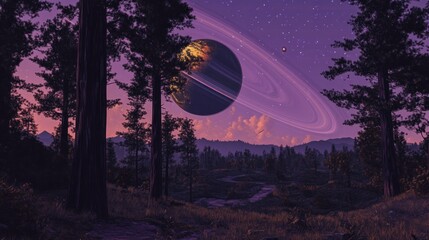 Alien Landscape with Ringed Planet View