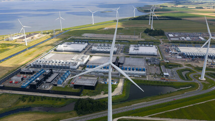 massive data center, computing center, aerial video in the Eemshaven, The Netherlands.