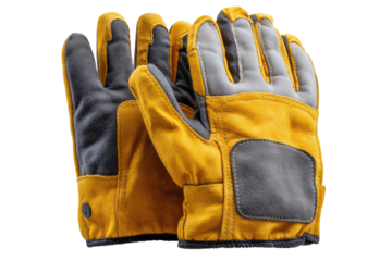 Close-up of a pair of yellow work gloves.  Gray accents on the palms and fingers.  Durable construction