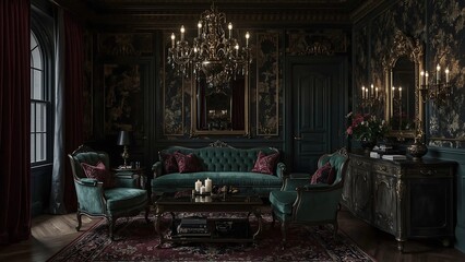 Luxurious Dark Victorian Living Room with Green Sofa, Ornate Chandelier, and Elegant Classic Interior Decor