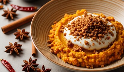  Rote-Linsen-Kürbis-Bowl mit Zimt-Crunch und veganem Joghurt