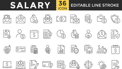 Salary Line Icon Set. Pixel Perfect and Outline Editable Stroke Icons collection for Taxes, Accounting, Cash, Paycheck, Payroll, Income, Compensation, Wage, Bonus, Deduction, and Payment