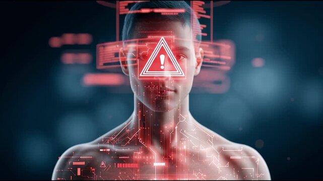 Futuristic security scan of man with serious expression. red digital interface projects glowing warning sign, signaling immediate danger or biometric system failure