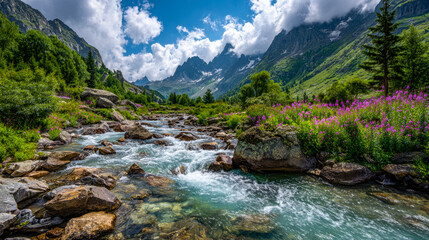 Scenic mountain river with lush greenery and blooming flowers under a partly cloudy sky