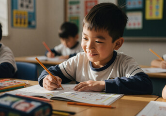 Smiling Chinese primary school boy in classroom writing in workbook surrounded by peers