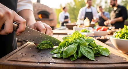 A chef chops fresh green basil on a wooden board during an outdoor summer gathering.