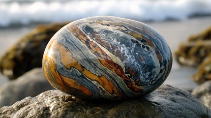 Polished Stone on Beach Boulder with Ocean Backdrop