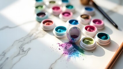 Vibrant pastel pigment powders spilled on marble surface;  sunlit beauty product flatlay.