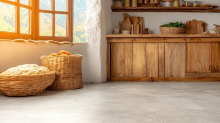Warm sunlight streams into a rustic kitchen where wicker baskets filled with dough sit near a window and aged wooden cabinets grace the cozy space offe charm.