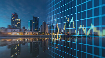 Digital financial chart showing stock market trends and economic data analysis over a modern city skyline at night.