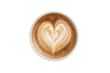 Top view of a heart latte art coffee cup isolated on white transparent background