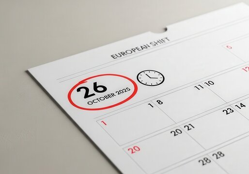Close-up of calendar with 26 October 2025 circled for European daylight saving time change - Powered by Adobe