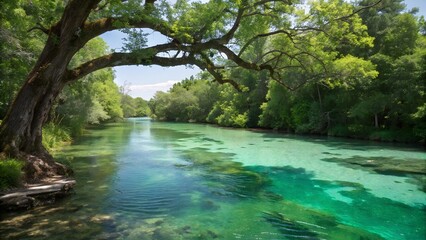 A stunning natural spring showcases its clear blue green water as a large tree branch gracefully arches over the tranquil scene.