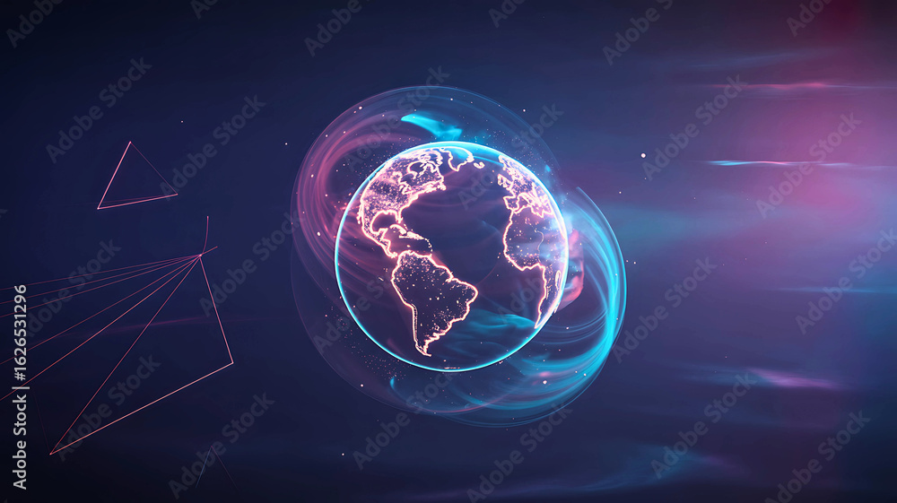 Poster futuristic digital earth globe with glowing network connections and abstract energy swirls represent