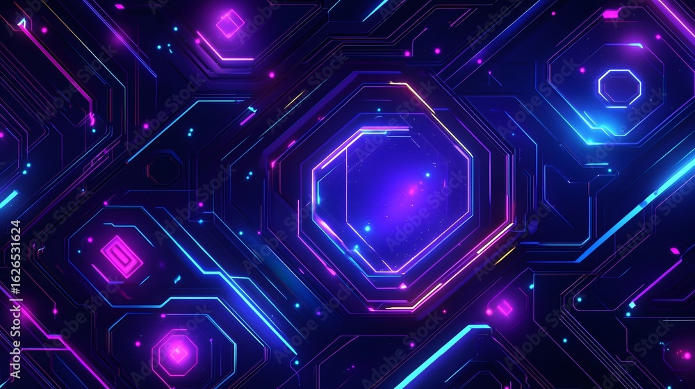 Poster abstract design with glowing lines and geometric shapes.