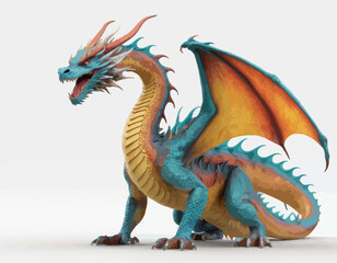 The dragon is depicted in a powerful, four-legged stance, looking to the left with its mouth open in a roar or a snarl, revealing a row of sharp teeth. Its body is a beautiful, textured blue-gray with
