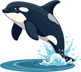 Fototapeta premium Vector silhouette illustration of dolphins jumping out of the blue ocean waves with nature marine life animals and a jumping whale in the water