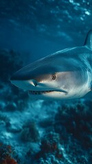 Naklejka premium Side profile of a tiger shark in deep blue ocean water