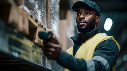 A logistics worker scans cargo with a barcode scanner in a warehouse  long title A focused warehouse worker in uniform uses a barcode scanner to