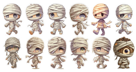 Creative Halloween sticker set featuring adorable and whimsical mummy characters for festive fun and decoration