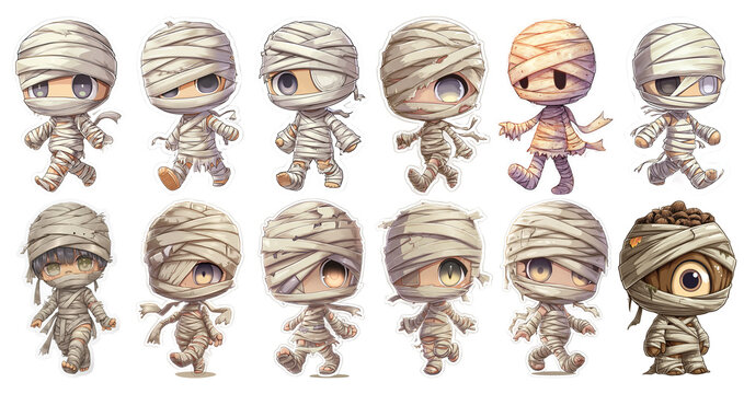 Creative Halloween sticker set featuring adorable and whimsical mummy characters for festive fun and decoration