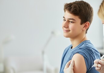 Teenage boy smiling during vaccination in medical clinic setting. National Immunization Awareness Month