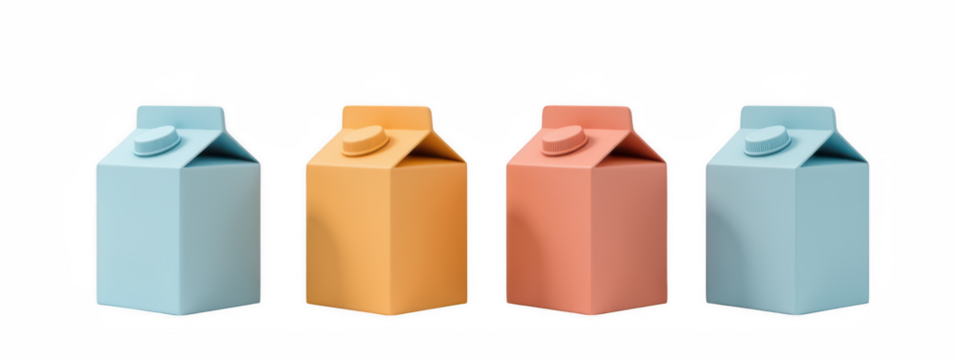 Colorful milk cartons in various shades arranged in row, showcasing playful and modern design. Perfect for food and beverage themes