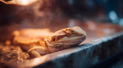 Fototapeta premium Bearded dragon under heat lamp in terrarium