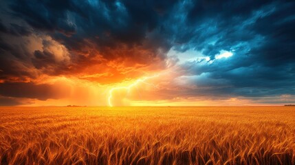 Obraz premium Dramatic sunset over a wheat field with stormy clouds and lightning