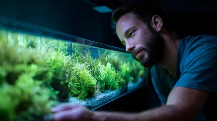 A man closely examines the water in an aquarium long title A man with a focused expression intently observes the water conditions in an