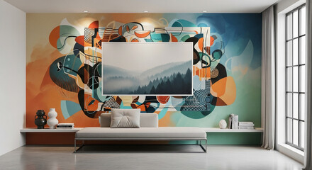 A modern living room features a colorful abstract mural with a framed landscape print, complemented by minimalist furniture and a large window.
