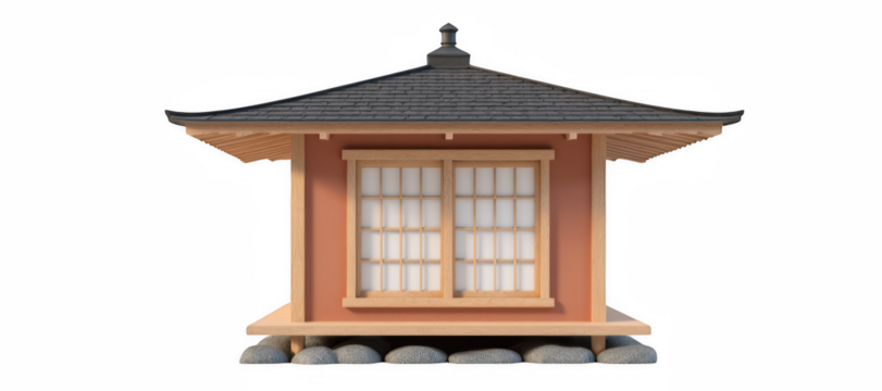 Traditional Japanese house with sloped roof, wooden frame, and sliding shoji windows, surrounded by smooth stones, exudes tranquility and harmony